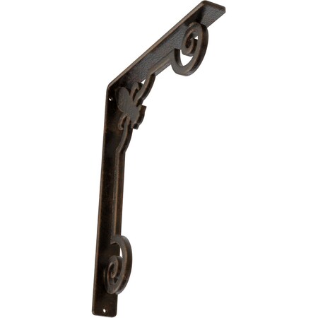 Ekena Millwork Fleur De Lis Wrought Iron Bracket, (Single center brace), Antiqued Bronze 1 1/2"W x 10"D x 12"H BKTM01X10X12SFLABZ